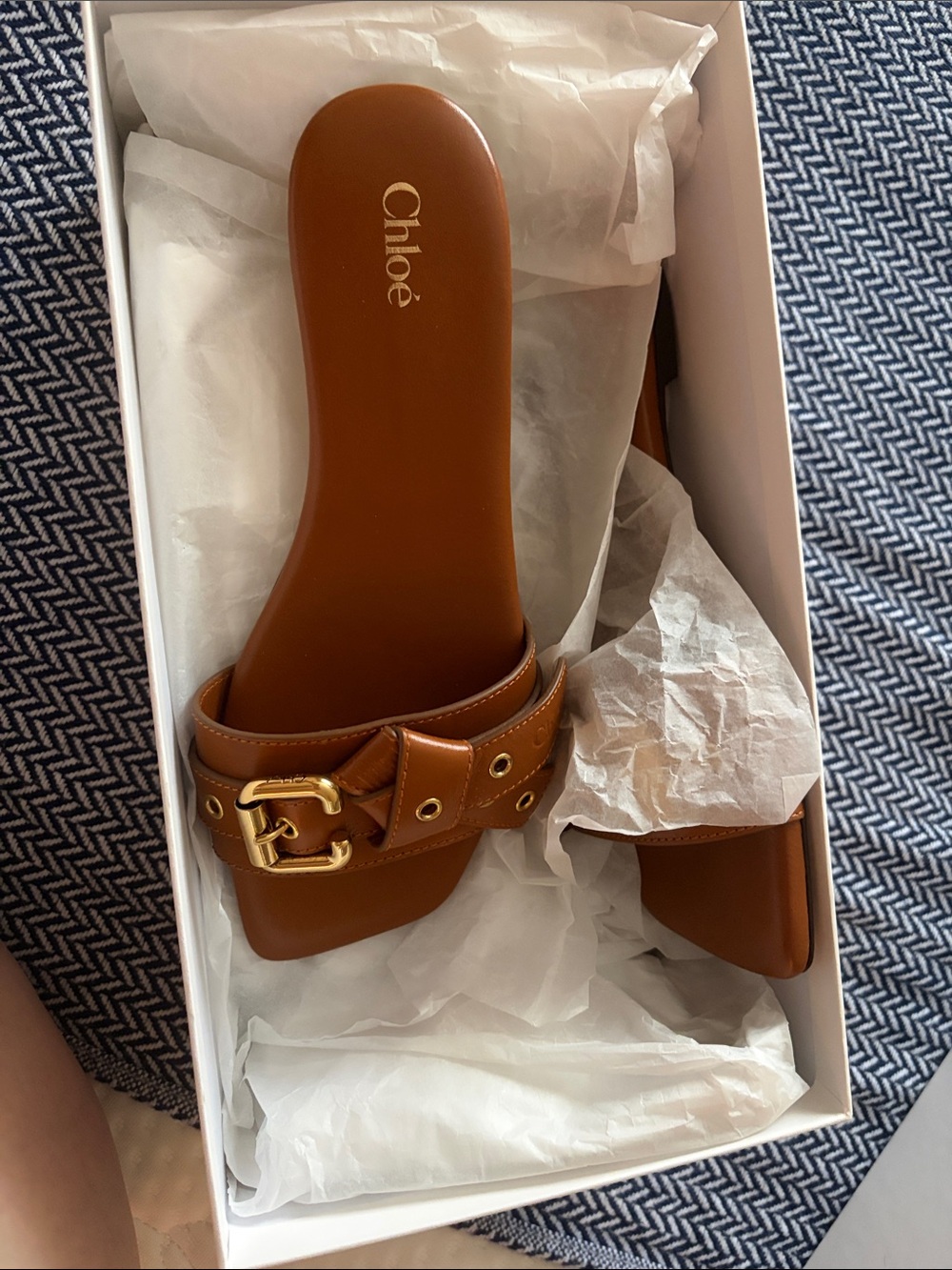 Chloe Tan Leather Slide Sandals with Gold Buckle